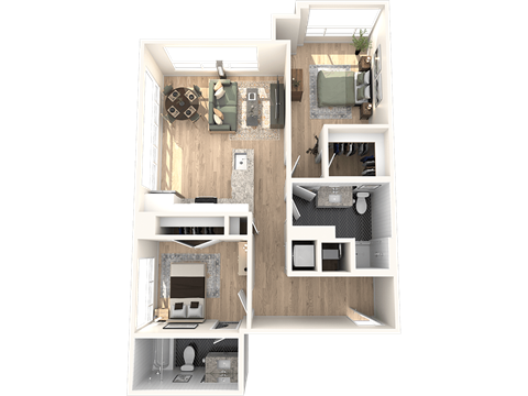 A 3D floor plan of a house showing a kitchen, living room, and two bedrooms.